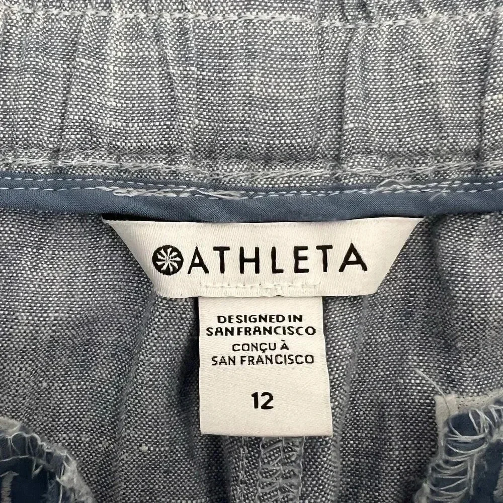 Athleta Linen Cabo Jogger Pants Blue Chambray Travel Beach Outdoor Size 12